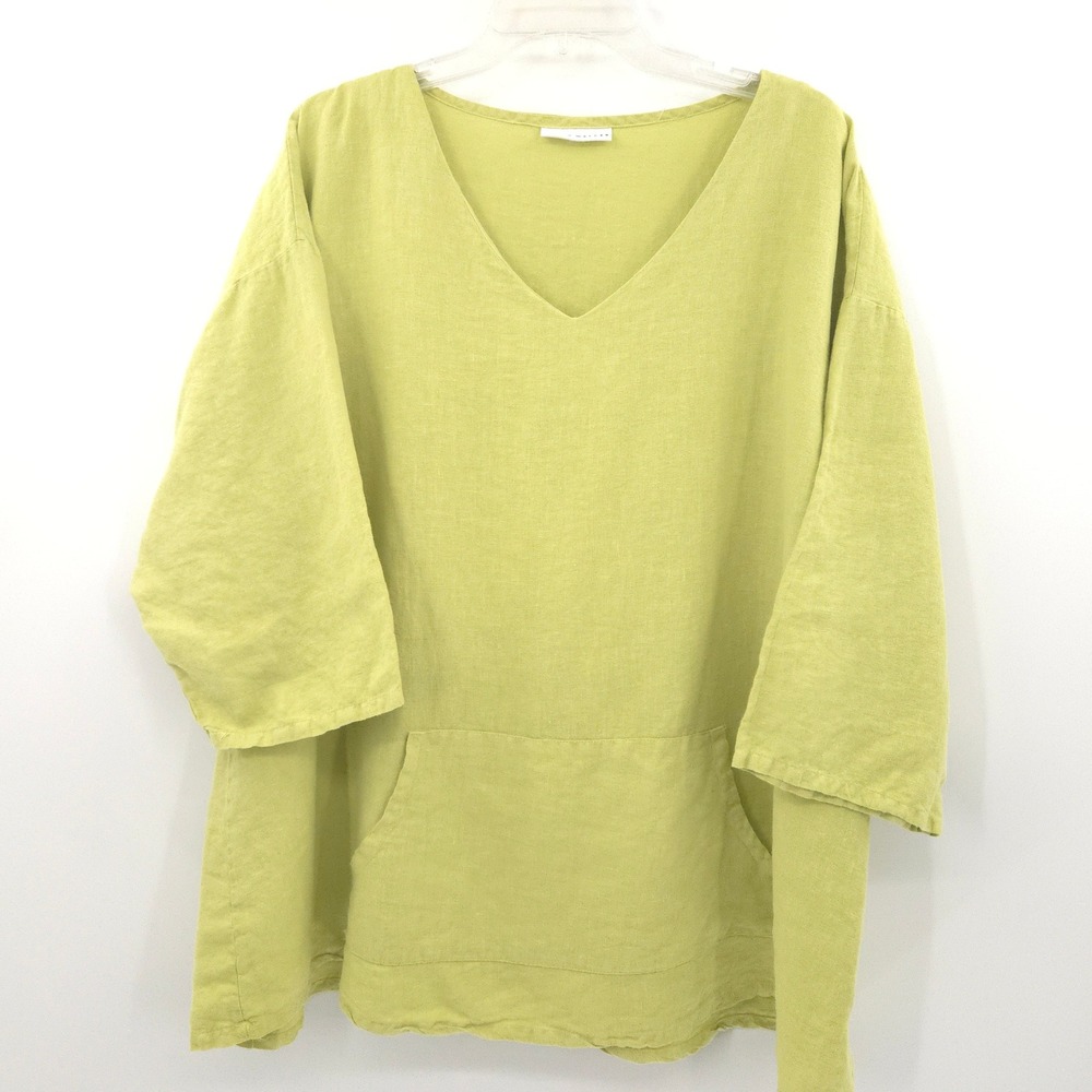 Bryn Walker Judy Linen Tunic Women XL Green 100% V-Neck Kangaroo Pocket Top